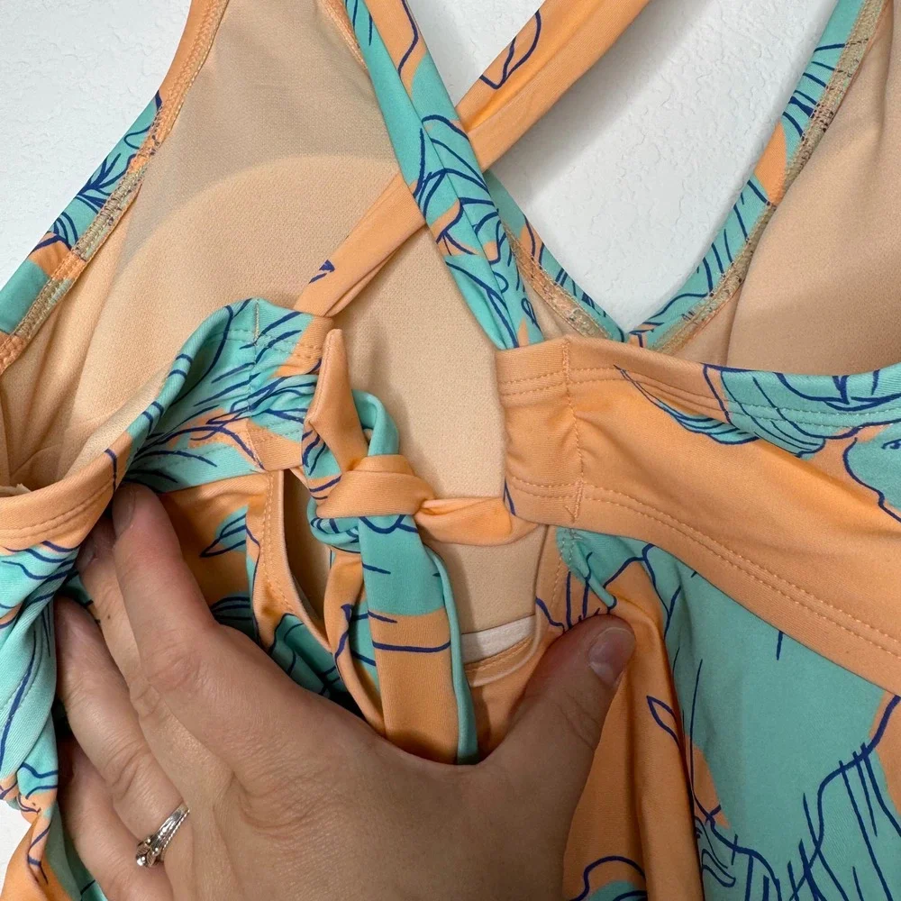 Cupshe Peach Orange Teal‎ Blue Floral Peplum Tankini Swim Top Size 0X NEW